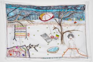 Brian Dawn Chalkley. Antonin Artaud on the beach, 2020. Pencil, felt tip and thread on cotton pillow case, 75 x 45 cm.