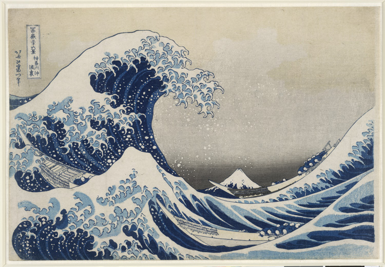 Kanagawa-oki nami-ura 神奈川沖浪裏 (Under the Wave off Kanagawa). Colour woodblock oban print. 'The Great Wave'; fishermen crouching in three skiffs, with towering wave about to crash down on them, Mt Fuji seen low in hollow of wave. Inscribed and signed. Katsushika Hokusai, 1829. © The Trustees of the British Museum. 2008,3008.1.JA