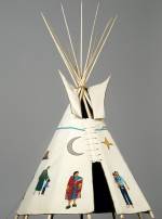 Teri Greeves (Kiowa, born 1970). 21st Century Traditional: Beaded Tipi, 2010. Brain-tanned deer hide, charlotte-cut glass beads, seed beads, bugle beads, glass beads, sterling silver beads, pearls, shell, raw diamonds, hand-stamped sterling silver disks, hand-stamped copper disk, cotton cloth, nylon “sinew” rope, wood (pine, poplar, bubinga), 46 × 29 × 32 1/2 in (116.8 × 73.7 × 82.6 cm). Brooklyn Museum; Florence B. and Carl L. Selden Fund, 2008.28. Creative Commons-BY. Photo: Brooklyn Museum.