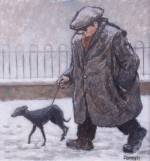 Norman Cornish. Man with Dog in Snow, undated. Oil on board, 21 x 19.5 cm. © Courtesy of Norman Cornish Estate.
