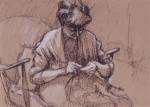 Norman Cornish. Sarah Knitting, undated. Ink and chalk on paper, 20 x 29 cm. © Courtesy of Norman Cornish Estate.