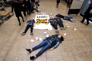 Divest UAL ‘Die-in’, Central Saint Martins College, London, 2015. Photograph: Georgia Brown.