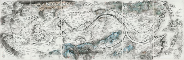 Qiu Zhijie. Map of Art and China after 1989: Theater of the World, 2017. Ink on paper, mounted to silk, six panels, 240 x 720 cm overall. Solomon R. Guggenheim Museum, New York, Photograph courtesy the artist.