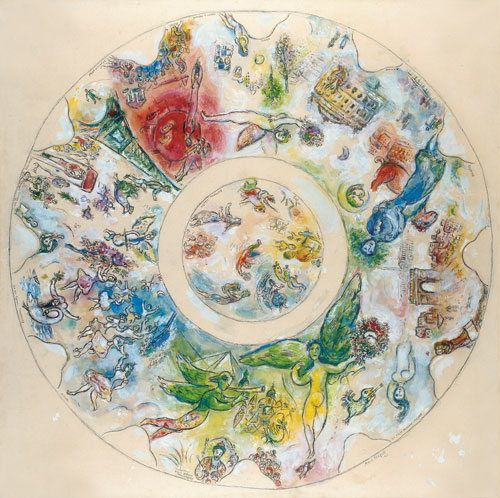 Marc Chagall. Definitive Study for the Ceiling of the Opéra Garnier, Paris, 1963. Gouache on paper, glued on canvas. Private collection © Chagall ® SABAM Belgium 2015.