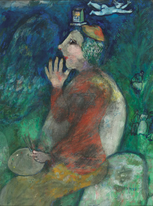 Marc Chagall. I, Marc Chagall. Self-Portrait with Tefillin, 1928. Watercolour, pastel and gouache on paper glued on cardboard. Brussels, Royal Museums of Fine Arts Belgium © RMFAB, Brussels/Chagall ® SABAM Belgium 2015. Photograph: J Geleyns/Ro scan.