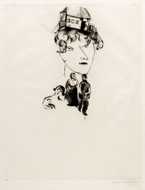 Marc Chagall. Plate from Mein Leben (My life); Self-portrait. 1922. Etching and dry point on Japanese paper. Paul Cassirer, Berlin, 1923. Private collection © Chagall ® SABAM Belgium 2015.
