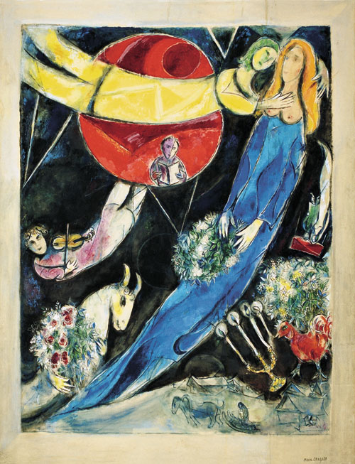 Marc Chagall. Red and Black World, 1951. Gouache, watercolour, pastel on paper, glued on canvas. Private collection © Chagall ® SABAM Belgium 2015.