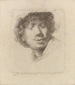 Rembrandt Harmensz. van Rijn. Self-Portrait in a cap, wide-eyed and open-mouthed, 1630. Etching on laid paper without watermark, plate: 51 x 45 mm; sheet: 80 x 71 mm. Neil Kaplan collection.