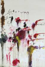 Cy Twombly. <strong><em>Quattro Stagioni: Autunno</em></strong><em>,</em> 1993-4 <em>from</em> Quattro Stagioni (A Painting in Four Parts). Acrylic, oil, crayon and pencil on canvas, support: 3136 x 2150 x 35 mm frame: 3230 x 2254 x 67 mm painting. Tate. Purchased with assistance from the American Fund for the Tate Gallery and Tate Members 2002. Copyright the artist