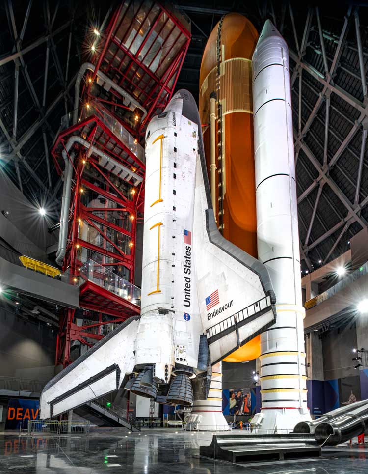 Space Shuttle Endeavour in launch position in the Samuel Oshin Shuttle Gallery, Los Angeles. Photo © California Science Center.