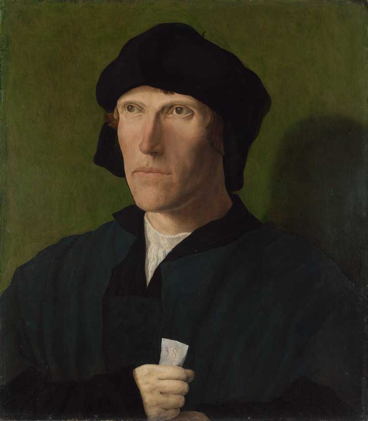Lucas van Leyden. A Man aged 38, about 1521. Oil on oak, 46.7 × 40.8 cm. Presented by the children of Lewis Fry in his memory, through the Art Fund, 1921. © The National Gallery, London.