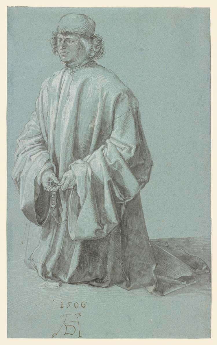 Albrecht Dürer. Kneeling Donor, 1506. Brush and black ink and wash, with white opaque watercolour, with pen and dark ink, on blue paper, 32.4 x 19.8 cm. The Morgan Library & Museum, New York. Purchased by Pierpont Morgan (1837–1913) in 1909. © The Morgan Library & Museum, New York.