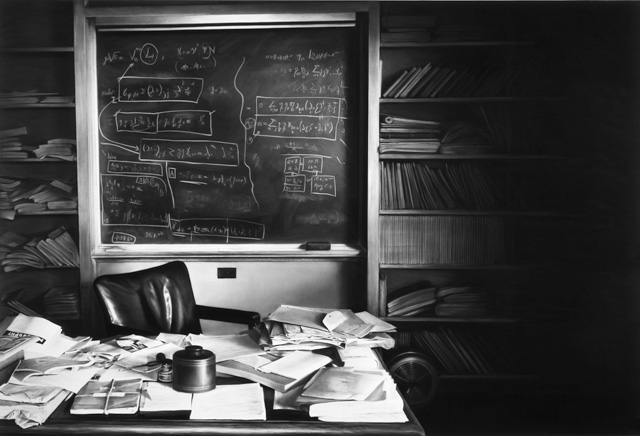 Robert Longo, Untitled (Einstein’s Desk, The Day he Died, April 18, 1955), 2016. Ink and charcoal on mounted paper, 67 1/2 x 95 5/8 in. Courtesy the artist and Metro Pictures, NY.