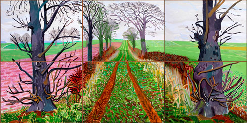 David Hockney. <em>A Closer Winter Tunnel, February - March, 2006</em>. Oil on six canvases, 182 x 365 cm. Collection Art Gallery of New South Wales. Purchased with funds provided by Geoff and Vicki Ainsworth, the Florence and William Crosby Bequest and the Art Gallery of New South Wales Foundation 2007. Copyright David Hockney/Collection of Art Gallery of New South Wales, Sydney. Photograph: Richard Schmidt.