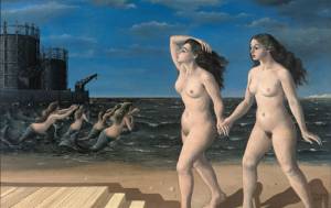 Paul Delvaux. Les femmes devant la mer, 1943. Oil on canvas, 105.5 x 166.5 cm. © Paul Delvaux Foundation, Belgium. Courtesy of Blain|Di Donna and the Paul Delvaux Foundation, Belgium.