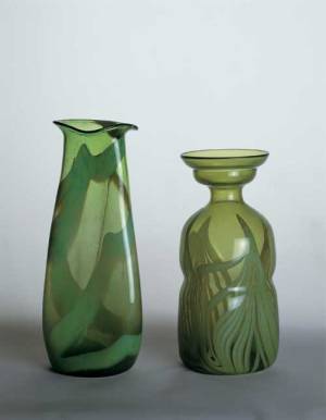 Two vases Designed by Christopher Dresser. Manufactured by James Couper 
        & Sons Glasgow, Scotland, ca. 1890. Clutha glass (blown, bubbled glass 
        with coloured inclusions). Lent by The Birkhead Collection. Photo © 
        2001 Michael Whiteway