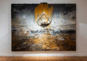 Anselm Kiefer, Melancholia, 2005. Oil, acrylic, rust and polyhedral sculpture on canvas. Sculpture made out of iron and glass, containing ash, iron, dried flowers, 280 x 380 cm (110.2 x 149.6 in). Installation view, Expansive Change: Distortion as Dialogue in Modern & Contemporary Art, Leila Heller Gallery, New York, 2024. Photo: David Kaminsky.