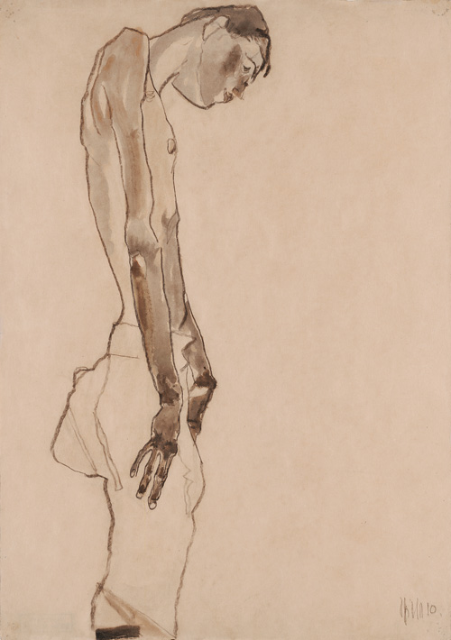 Egon Schiele. Standing Youth, Head Inclined, 1910. Watercolour and pencil on paper, 45.6 × 32 cm. Leopold, Private collection.