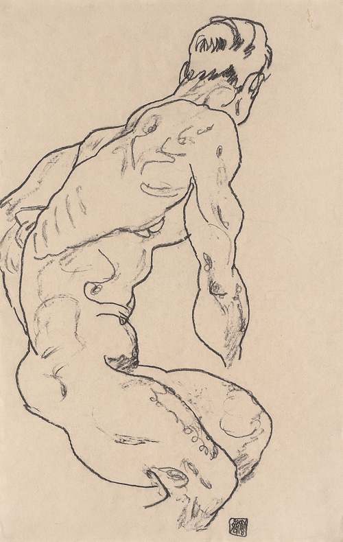 Egon Schiele. Sitting Nude Men turned to the right, 1918. Black crayon on paper, 46.1 × 29.4 cm. Leopold, Private collection.