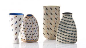 A group of hand-built ceramic vessels with coloured slips by Elizabeth Fritsch. © The Artist. Image courtesy Adrian Sassoon, London. Photo: Sylvain Deleu.