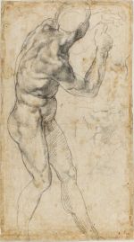 Michelangelo Buonarroti, Male Nude, c1505-06. Black chalk on paper, 40.4 x 22.5 cm. Teylers Museum, Haarlem.