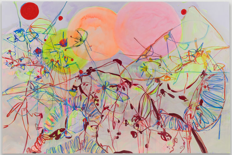 Jadé Fadojutimi. The Luna(tic) Effect, 2020. Oil, oil stick and acrylic on canvas, 200 x 300 cm (78 3/4 x 118 1/8 in). Photo: Mark Blower, courtesy the artist and Pippy Houldsworth Gallery, London, © Jadé Fadojutimi 2021.