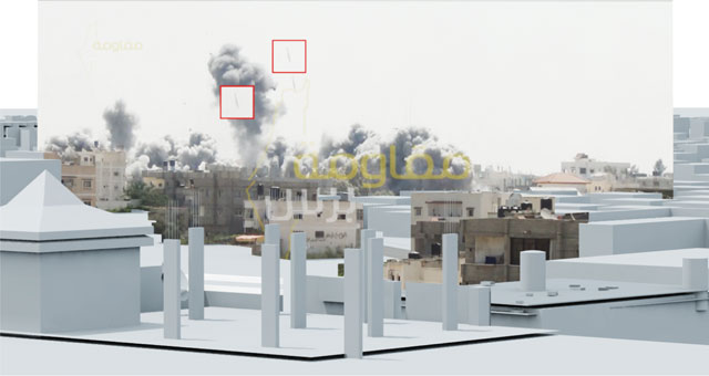 The Bombing of Rafah, Gaza, Palestine, 1 August 2014. Video still showing two bombs in mid-air fractions of a second before impact in the Al Tannur neighbourhood in Rafah, Gaza on 1 August 2014. Image: Forensic Architecture, 2015.