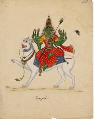 Durga, company Style, Tanjore School, c 1820, watercolour on hand-laid European paper.