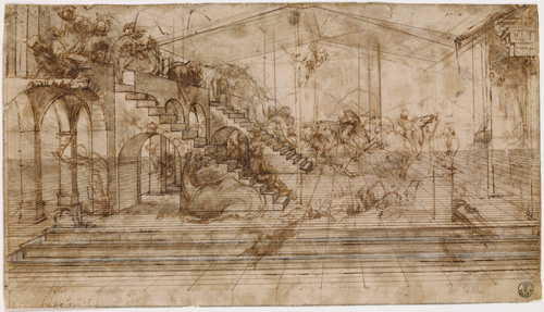 Leonardo da Vinci (1452-1519). Study for the background of the <em>Adoration of the Magi</em>, about 1481. Metalpoint, pen and brown ink, brown wash, touches of lead white heightening, over stylus and compass incising, on cream preparation. Copyright the Gabinetto Disegni e Stampe degli Uffizi.