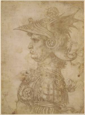 Leonardo da Vinci. <em>Warrior</em>, around 1480. Silverpoint on prepared paper. A virtuoso piece probably made by the young Leonardo to show off his artistic skill to prospective clients. Copyright the Trustees of the British Museum.