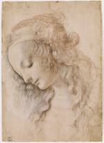 Leonardo da Vinci. <em>Head of a woman</em>, 1470s. Black chalk or leadpoint, brown and grey-black wash, heightened with white. This was done when the young Leonardo was working in Verrocchio's studio. Copyright the Gabinetto Disegni e Stampe degli Uffizi.