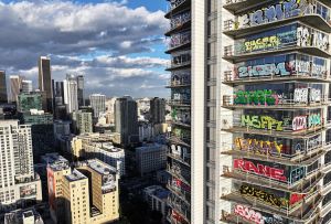 Oceanside Plaza, downtown Los Angeles, an abandoned luxury skyscraper development tagged with graffiti. Photo: Mario Tama/Getty Images.