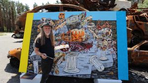 The Australian artist has been visiting war zones for 50 years and he and his wife travelled to Kyiv the week after Russia’s invasion. He explains his need to go there to work with Ukrainian artists, paint murals on destroyed buildings and show solidarity