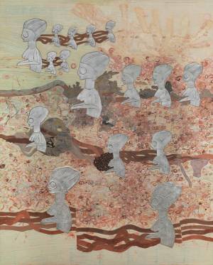 Ellen Gallagher. Ecstatic Draught of Fishes, 2020. Oil, palladium leaf and paper on canvas, 248 x 202 cm (97 5/8 x 79 1/2 in). Photo: Tony Nathan. © Ellen Gallagher. Courtesy the artist and Hauser & Wirth.