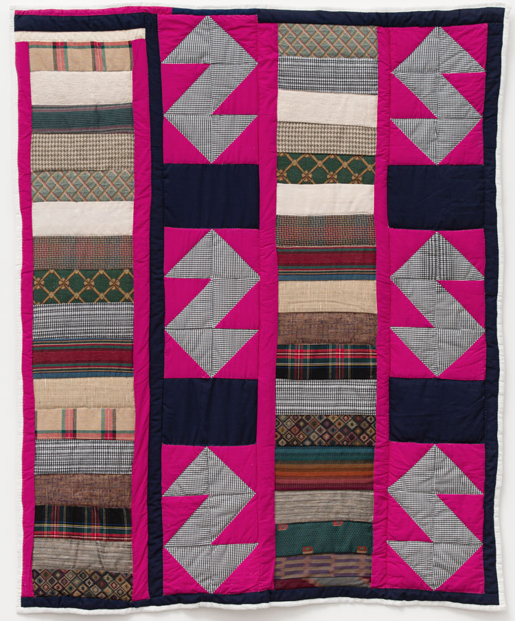 Loretta Pettway Bennett. 'Z' and Chinese Coins, Pink, Navy, Blue and Multi-color, 2004. Cotton, cotton blend, twill, 177.8 x 152.4 cm (70 x 60 in). Courtesy Souls Grown Deep Foundation and Alison Jacques Gallery, London. © Loretta Pettway Bennett / Artists Rights Society (ARS), New York and DACS, London.