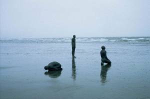 Antony Gormley. LAND SEA AND AIR II, 1982.Lead and fibreglass.  Land (crouching), 45 x 103 x 50 cm; Sea (standing), 191 x 50 x 32 cm; Air (kneeling), 118 x 69 x 52 cm. © the artist.