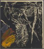 Georg Baselitz. Flying Eagle, 1977. Linocut additions in grey, red and yellow oil paint on paper. Presented to the British Museum by Count Christian Duerckheim. Reproduced by permission of the artist. © Georg Baselitz.