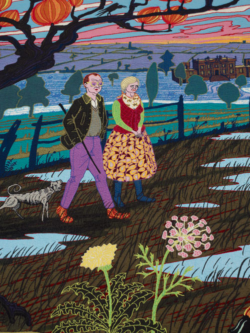 Grayson Perry. The Upper Class at Bay, 2012 (detail). Wool, cotton, acrylic, polyester and silk tapestry, 200 x 400 cm (78 3/4 x 157 1/2 in),  edition of 6 plus 2 artist's proofs. Courtesy the Artist and Victoria Miro Gallery, London.