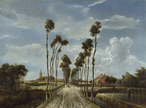 Hobbema's design with the avenue of trees receding towards the centre of the picture is simple yet at the same time majestic. The trees are employed to mark the quick recession from foreground to background while the expanse of sky is emphasised by the upward-pointing trees. Unfortunately the paint of the sky was damaged by cleaning some time in the 19th century; the billowing cloud to the right is the best preserved section.