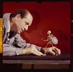 Ray Harryhausen (1920-2013)
animating a skeleton model from The 7th Voyage of Sinbad, 1958. © The Ray and Diana Harryhausen Foundation.