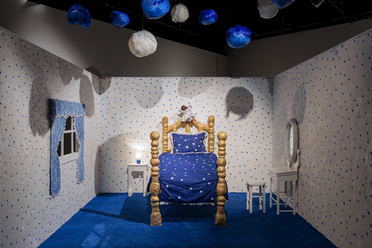 Trulee Hall, Polkadot Bedroom, Nightmare Set (Girl/ Monster), 2018. Exhibition view at Zabludowicz Collection, London, 2020. Photo: Tim Bowditch.