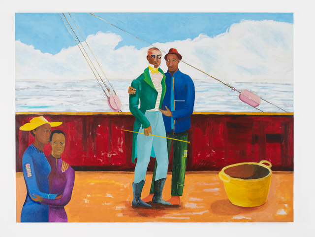 Lubaina Himid, Le Rodeur: The Captain and the Mate, 2017–18. Acrylic on canvas, 72 x 96 1/8 in (183 x 244 cm). Courtesy the artist and Hollybush Gardens. Photo: Andy Keate.