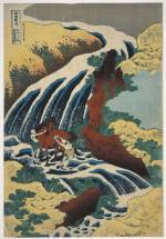 The waterfall where Yoshitsune washed his horse in Yoshino, Yamato province from Tour of Waterfalls in Various Provinces. Colour woodblock, 1833. Bequeathed by Charles Shannon RA. © The Trustees of the British Museum.