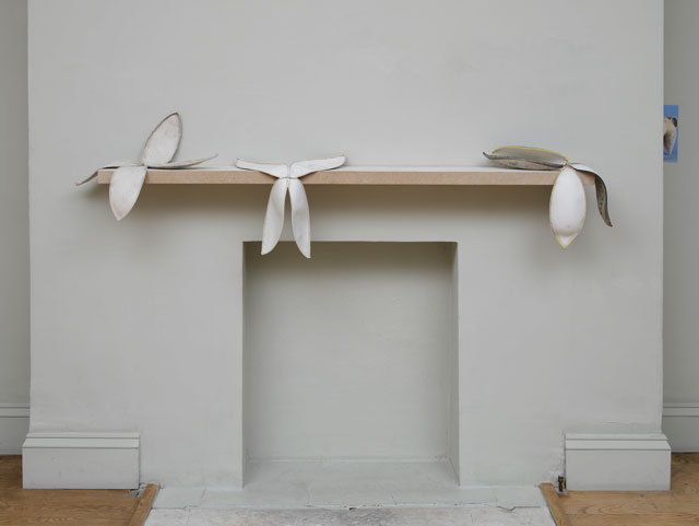 Nicky Hirst. ‘Trophy’ is a grouping of Trophy 1, Trophy II and Trophy III (2015), rejected rugby balls dissected to expose their fragile, petal-like interiors. Placed on unpainted particle-board shelf masquerading as mantelpiece, 45 × 45 cm. Courtesy the artist and Domobaal. Photograph: Andy Keate.