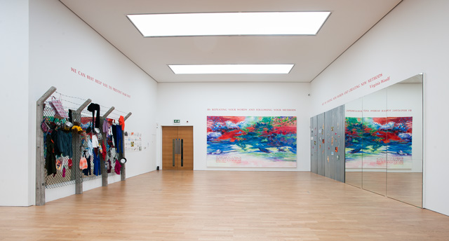 Installation view (1) of Margaret Harrison: Accumulations, Middlesbrough Institute of Modern Art, 23 October 2015 - 24 January 2016. Photograph: Jason Hynes, courtesy of Middlesbrough Institute of Modern Art.