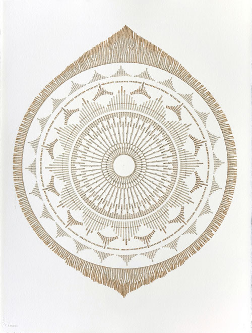 Meg Hitchcock. Amazing Grace, 2013. Letters cut from the Bhagavad Gita, 30 x 22 in.