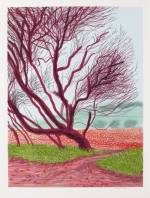 David Hockney. The Arrival of Spring in Woldgate, East Yorkshire in 2011 (twenty eleven) - 18 March. iPad drawing printed on paper, 55 x 41-1/2in (139.7 x 105.4 cm). Edition of 25. © David Hockney / Richard Schmidt.