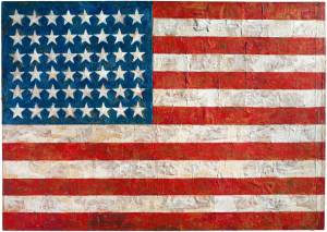 Jasper Johns, Flag, 1954-55. Encaustic, oil, and collage on fabric mounted on wood (3 panels), 41.25 x 60.75 in (104.8 x 154.3 cm). The Museum of Modern Art, New York, NY; Gift of Philip Johnson in honor of Alfred H. Barr, Jr. © 2021 Jasper Johns/VAGA at Artists Rights Society (ARS), New York.