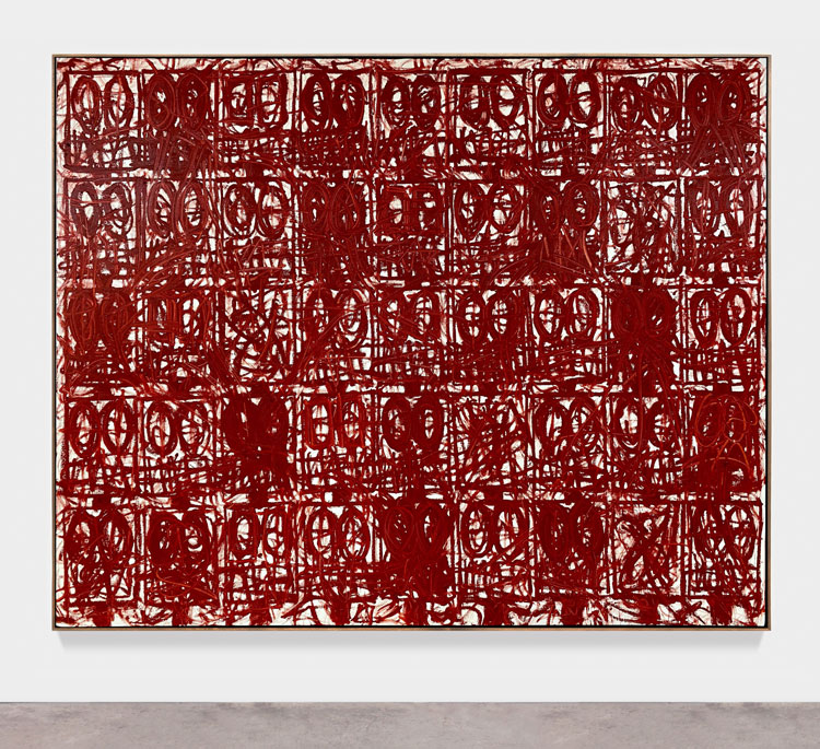 Rashid Johnson. Anxious Red Painting August 20th, 2020. Oil on linen, 239.1 x 305.1 x 5.1 cm. Photo: Martin Parsekian. © Rashid Johnson. Courtesy the artist and Hauser & Wirth.