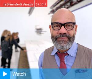 Remy Jungerman speaking to Studio International at the opening of The Measurement of Presence, Dutch Pavilion, Venice Biennale 2019. Photo: Martin Kennedy.